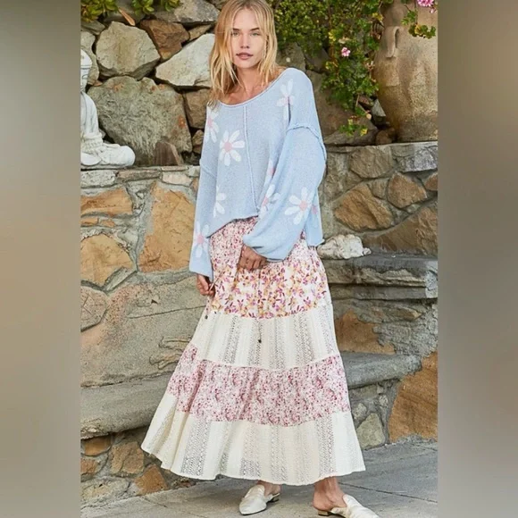 POL Sky Blue Daisy Print Sweater Lightweight Floral Balloon Sleeve Top - Picture 5 of 6